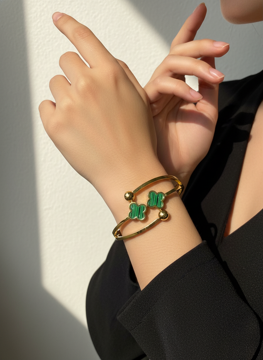 WELVARA Gold Plated Green Motif Cuff Bracelet for Women | Adjustable Alloy Fashion Bracelet
