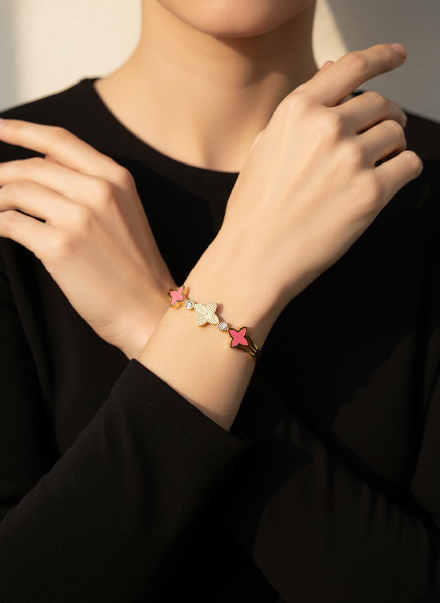 WELVARA Gold Plated Pink Motif Cuff Bracelet for Women | Adjustable Alloy Fashion Bracelet
