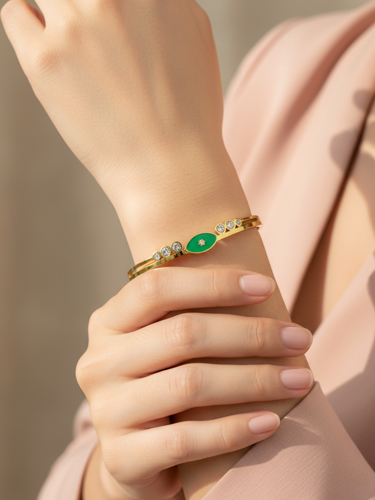 WELVARA Gold Plated Green Stone Cuff Bracelet for Women | Adjustable Alloy Fashion Bracelet
