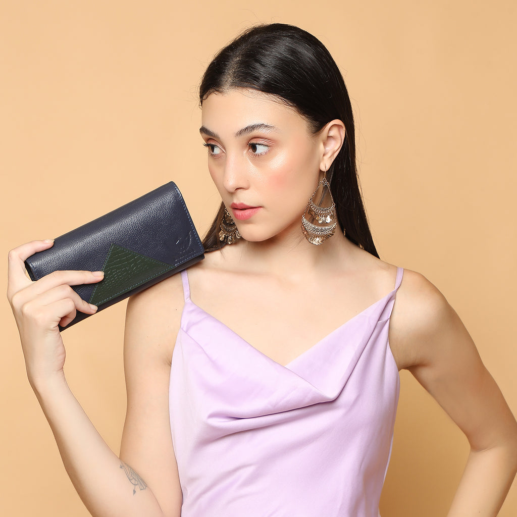 Premium Blue Leather Long Clutch Wallet