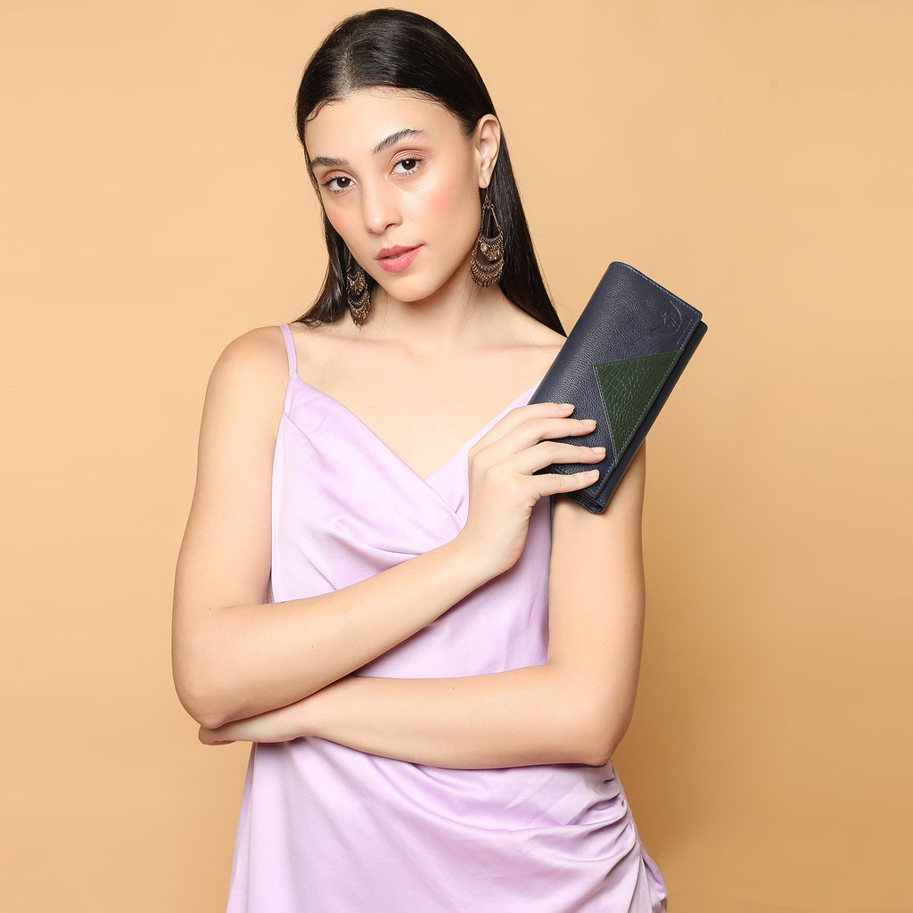 Premium Blue Leather Long Clutch Wallet