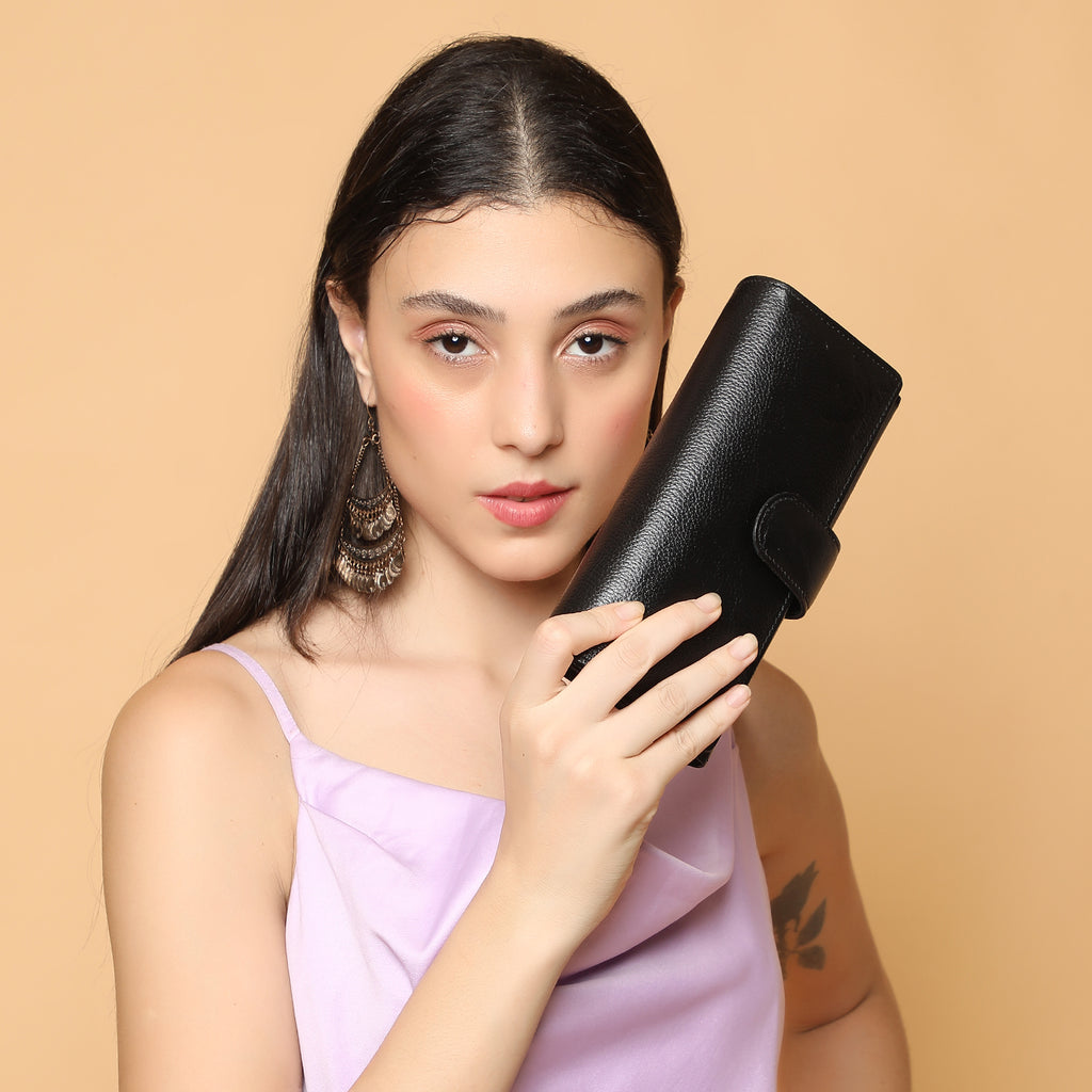 Premium Black Leather Long Clutch Wallet