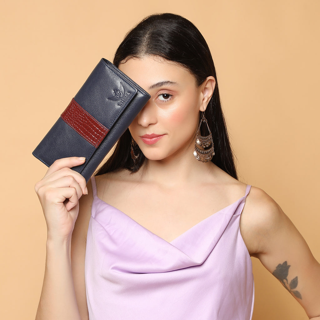 Premium Blue Leather Long Clutch Wallet