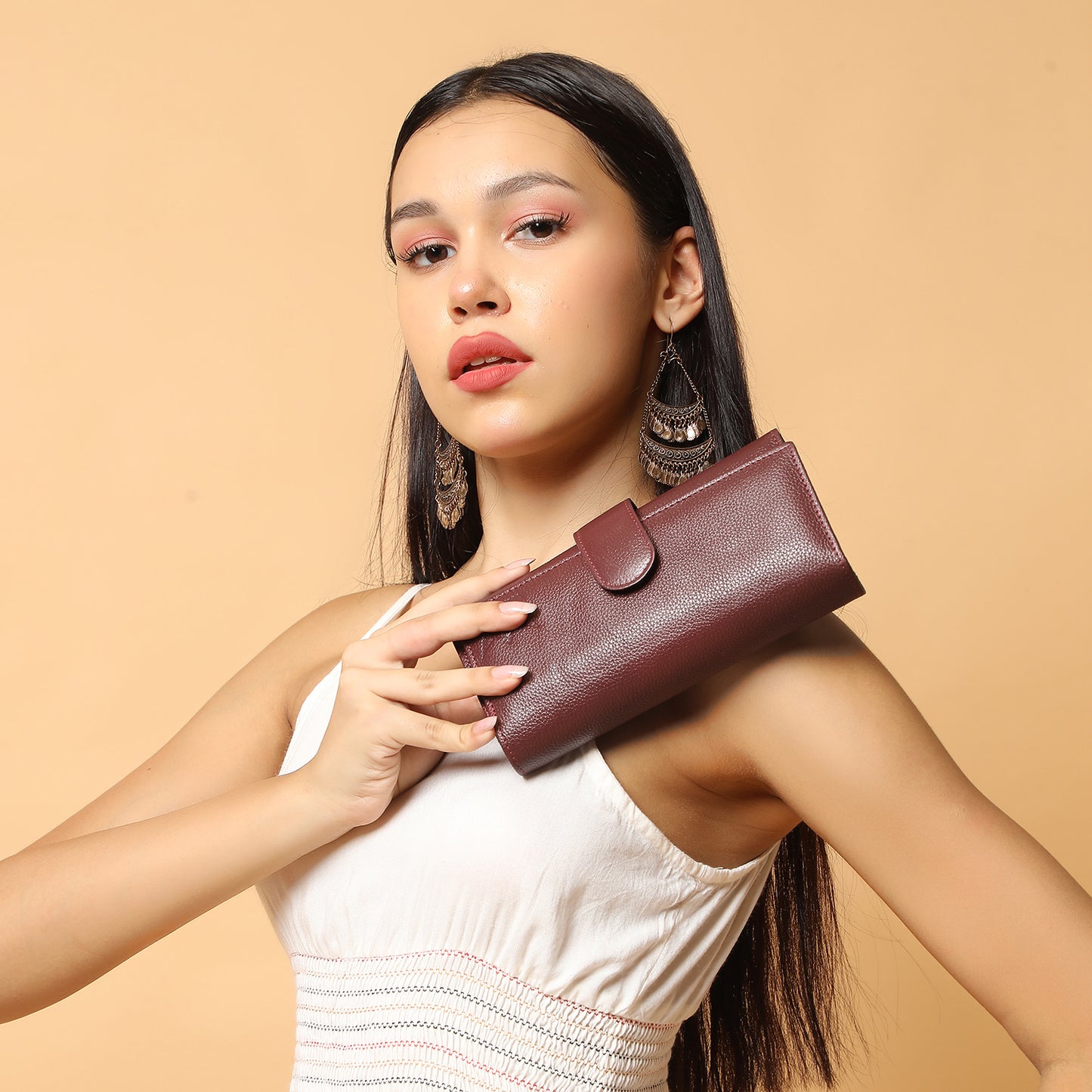 Premium Maroon Leather Long Clutch Wallet
