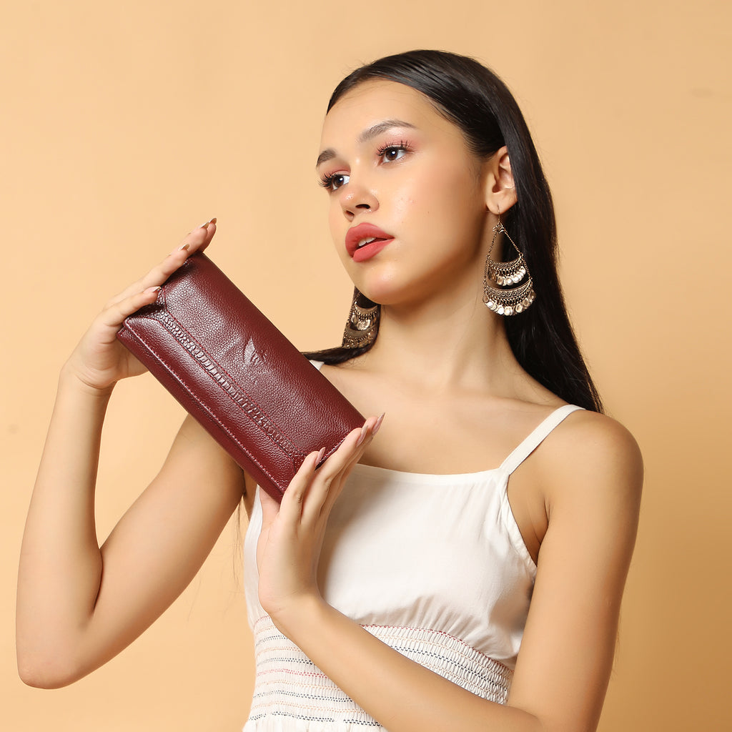 Premium Maroon Leather Long Clutch Wallet