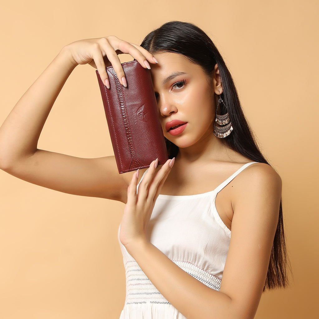 Premium Maroon Leather Long Clutch Wallet