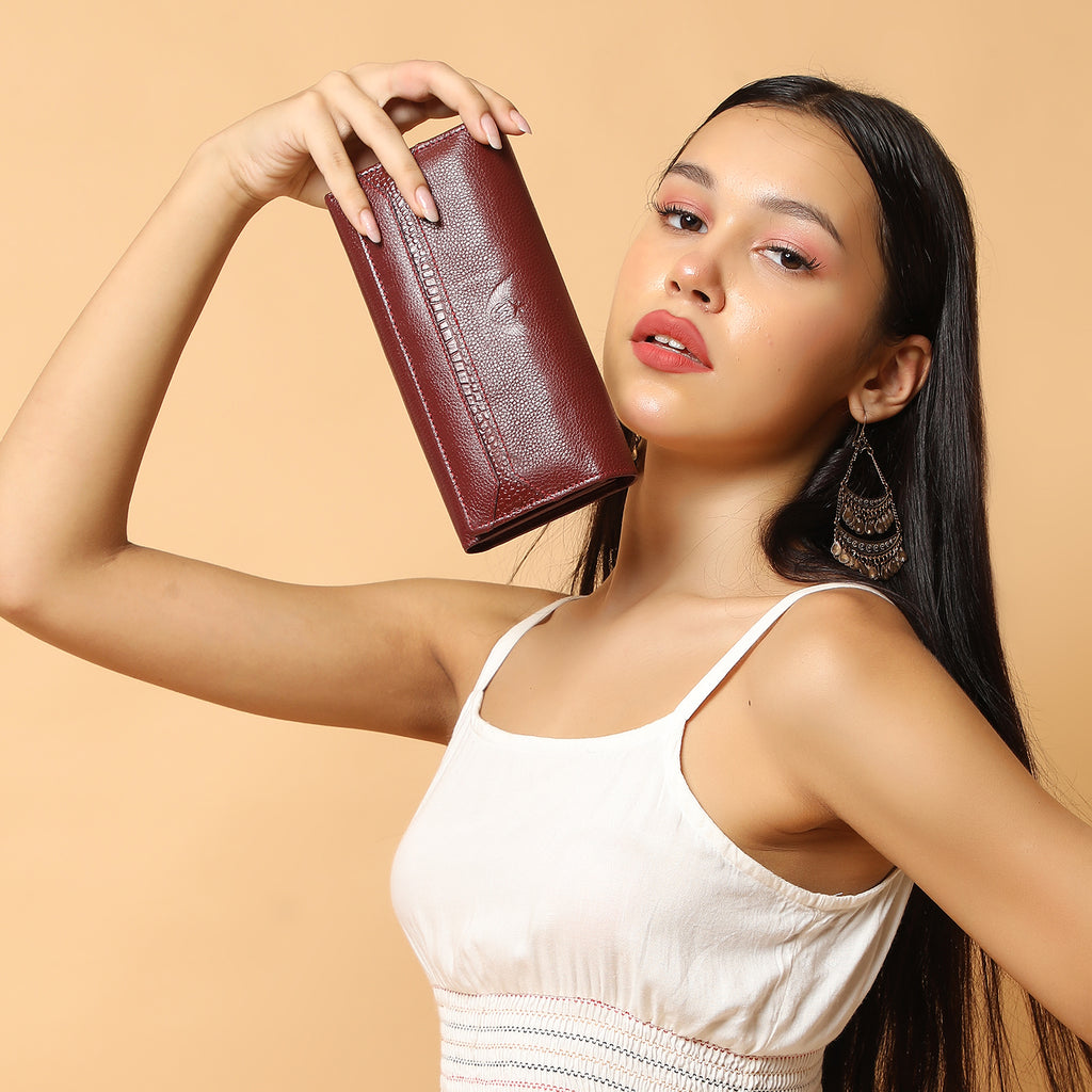Premium Maroon Leather Long Clutch Wallet