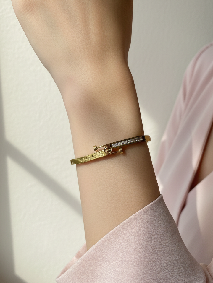 WELVARA Gold Plated Crystal Studded Adjustable Bangle Bracelet for Women | Fashion Jewellery