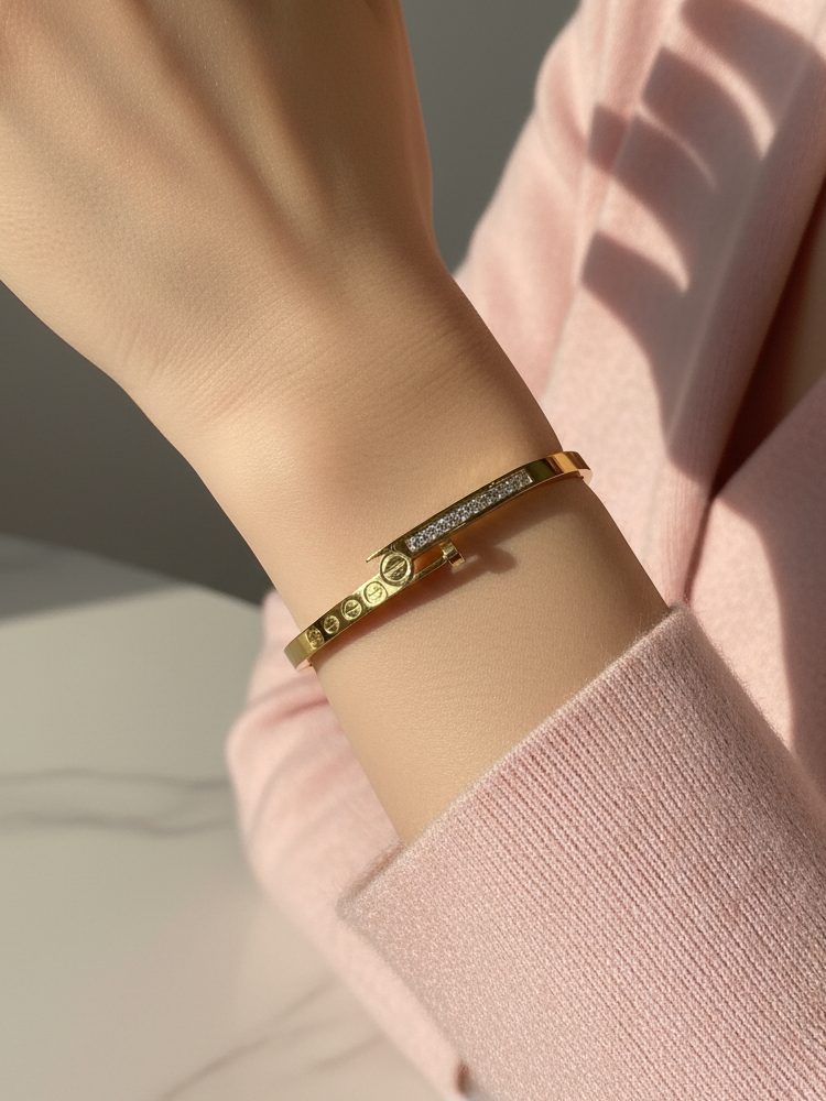 WELVARA Gold Plated Crystal Studded Adjustable Bangle Bracelet for Women | Fashion Jewellery