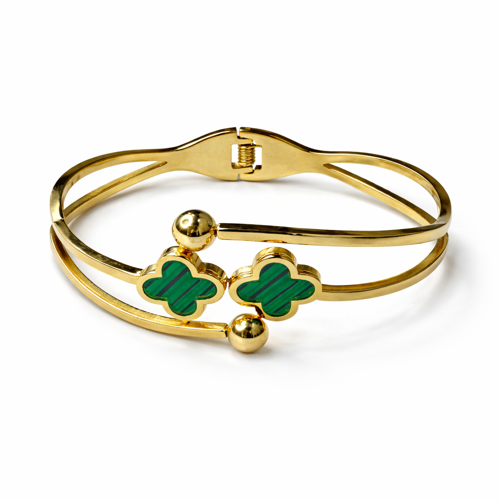 WELVARA Gold Plated Green Motif Cuff Bracelet for Women | Adjustable Alloy Fashion Bracelet