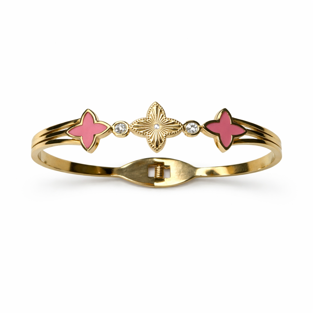 WELVARA Gold Plated Pink Motif Cuff Bracelet for Women | Adjustable Alloy Fashion Bracelet