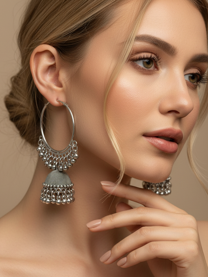 Oxidised Silver Hoop Jhumka Earrings with Micro Bead Dome
