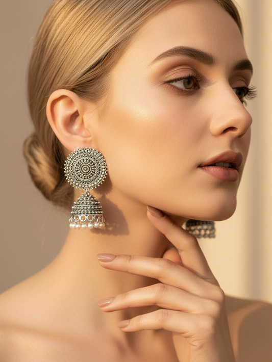 Oxidised Silver Round Micro Bead Jhumka Earrings