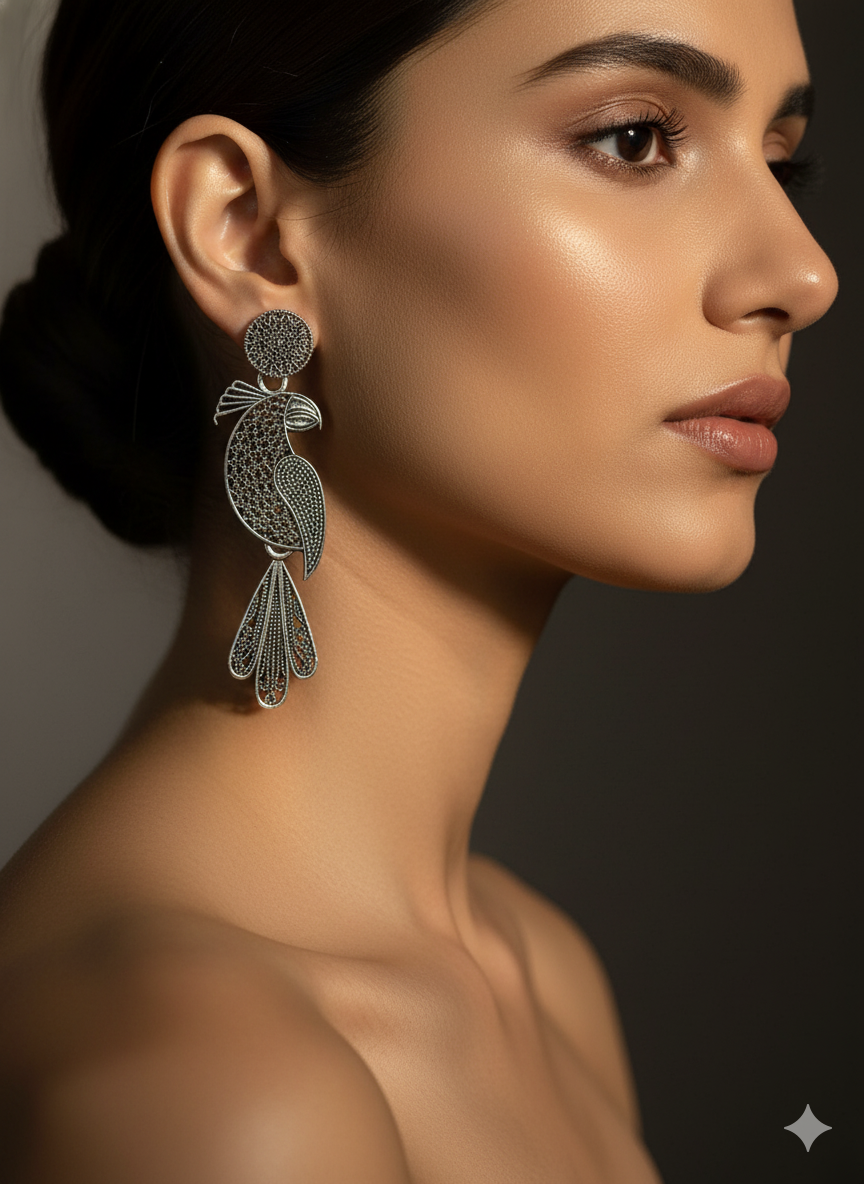 Oxidised Silver Long Peacock/Parrot Drop Earrings
