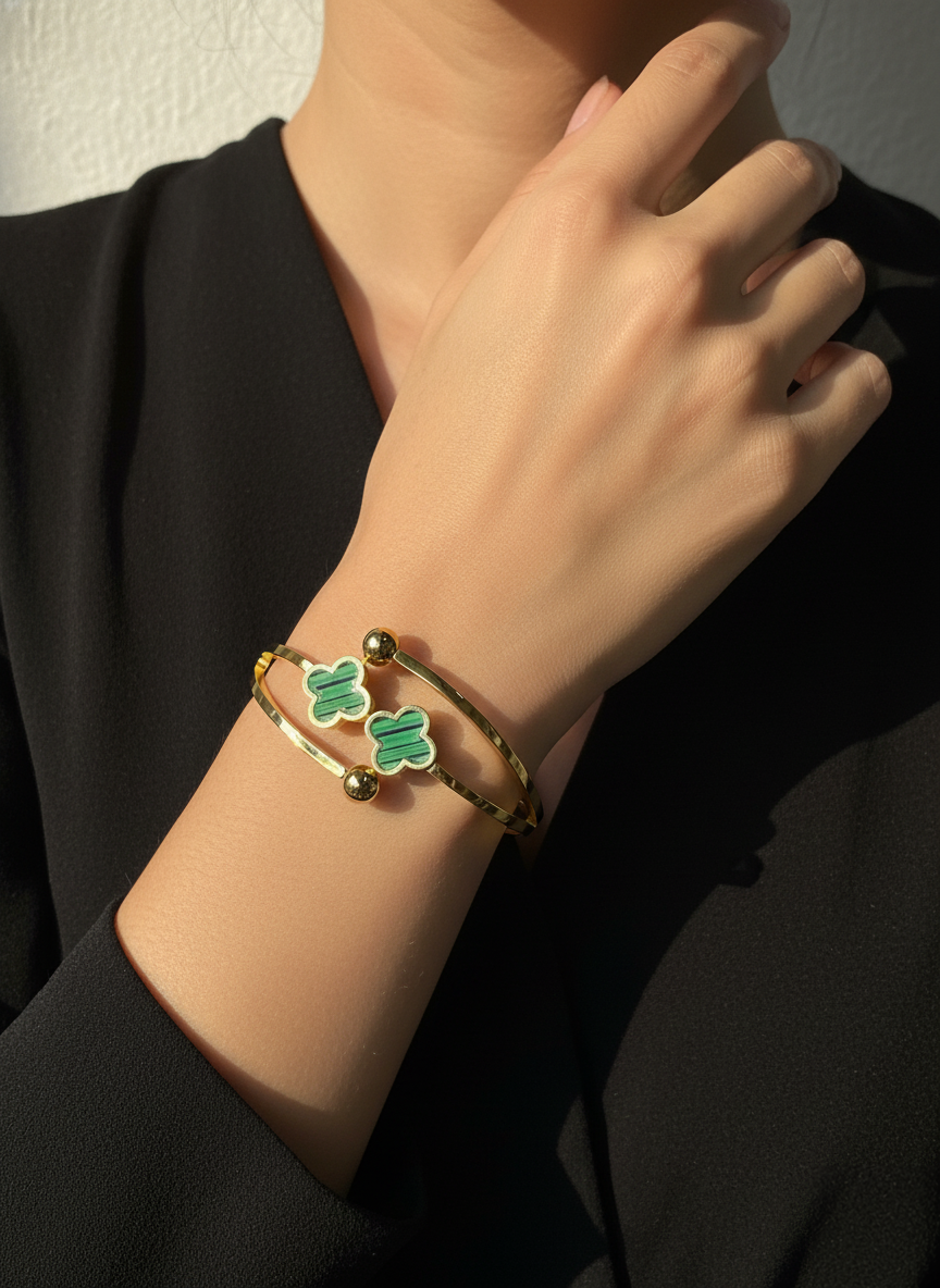 WELVARA Gold Plated Green Motif Cuff Bracelet for Women | Adjustable Alloy Fashion Bracelet