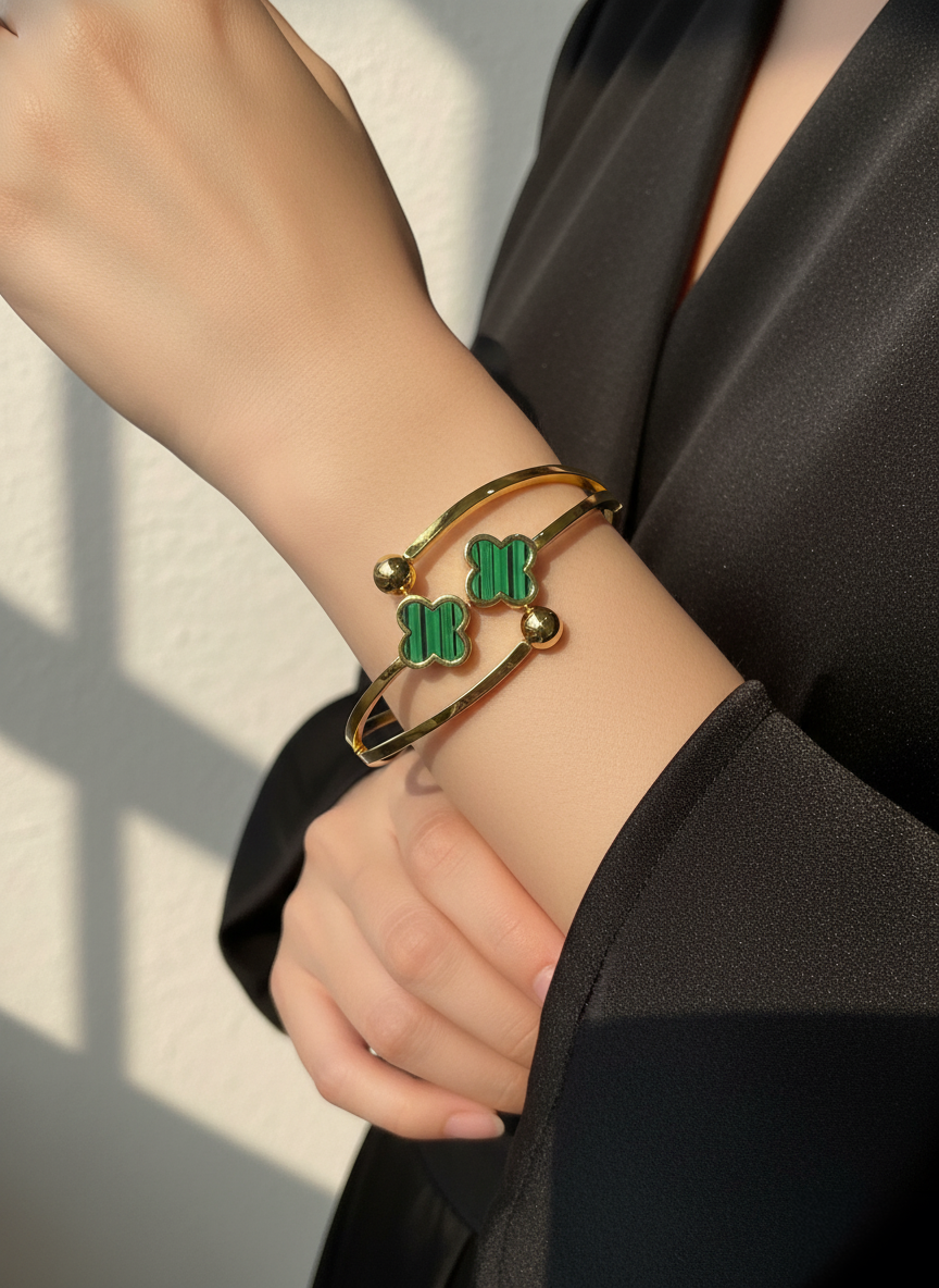 WELVARA Gold Plated Green Motif Cuff Bracelet for Women | Adjustable Alloy Fashion Bracelet