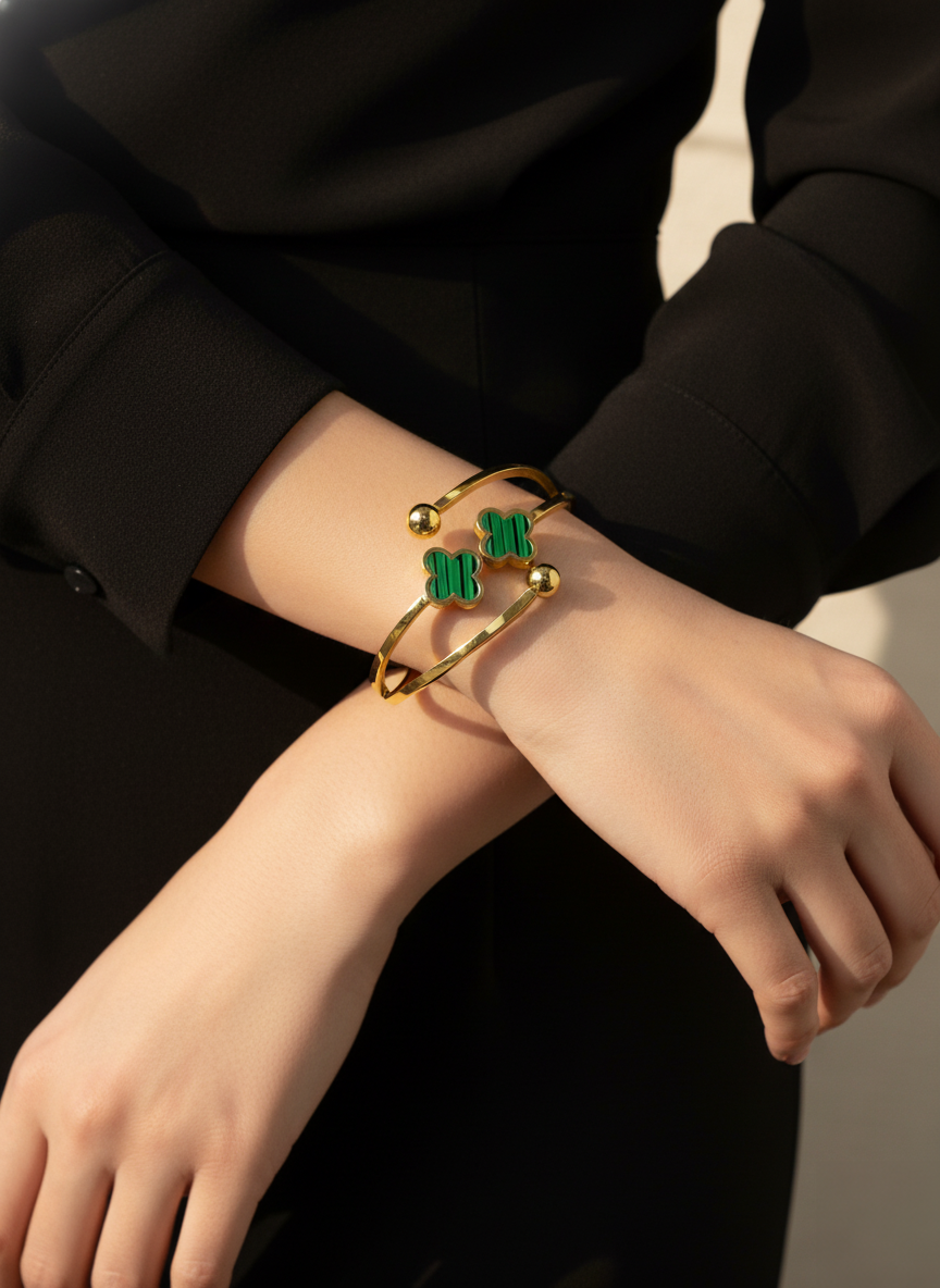 WELVARA Gold Plated Green Motif Cuff Bracelet for Women | Adjustable Alloy Fashion Bracelet