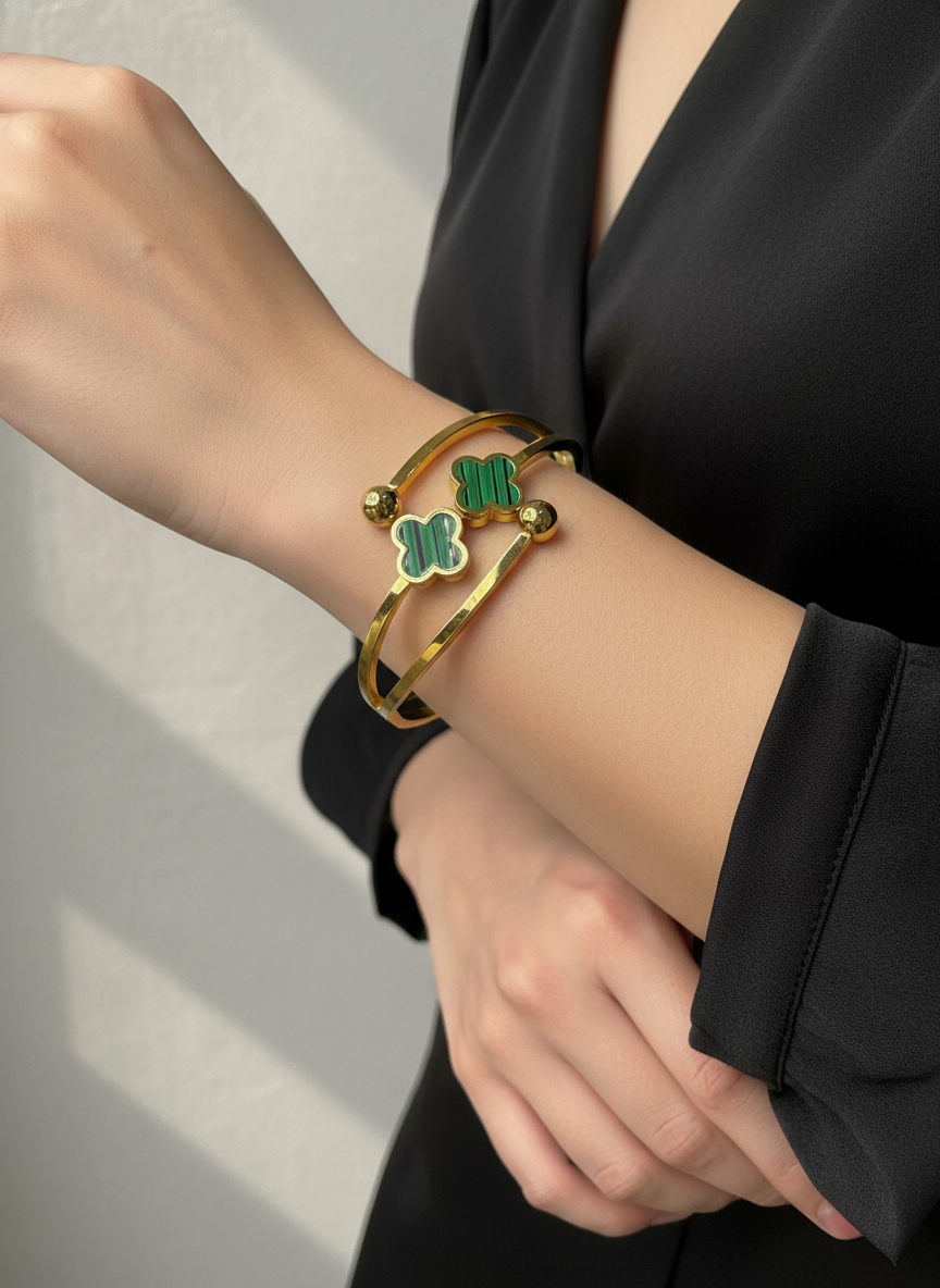 WELVARA Gold Plated Green Motif Cuff Bracelet for Women | Adjustable Alloy Fashion Bracelet