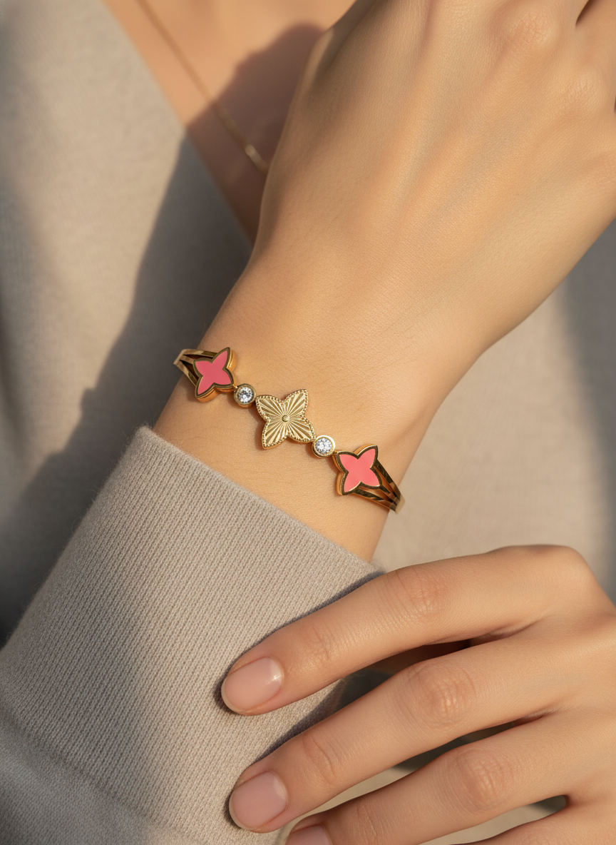 WELVARA Gold Plated Pink Motif Cuff Bracelet for Women | Adjustable Alloy Fashion Bracelet