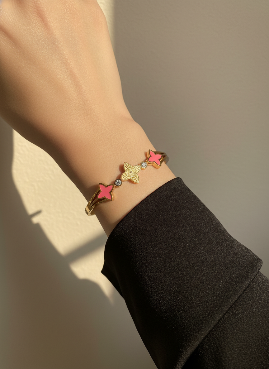 WELVARA Gold Plated Pink Motif Cuff Bracelet for Women | Adjustable Alloy Fashion Bracelet
