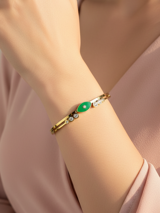 WELVARA Gold Plated Green Stone Cuff Bracelet for Women | Adjustable Alloy Fashion Bracelet