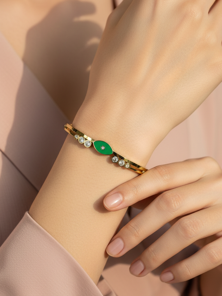 WELVARA Gold Plated Green Stone Cuff Bracelet for Women | Adjustable Alloy Fashion Bracelet