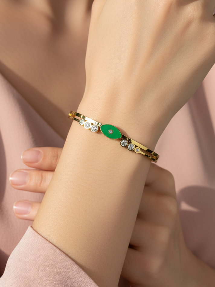 WELVARA Gold Plated Green Stone Cuff Bracelet for Women | Adjustable Alloy Fashion Bracelet