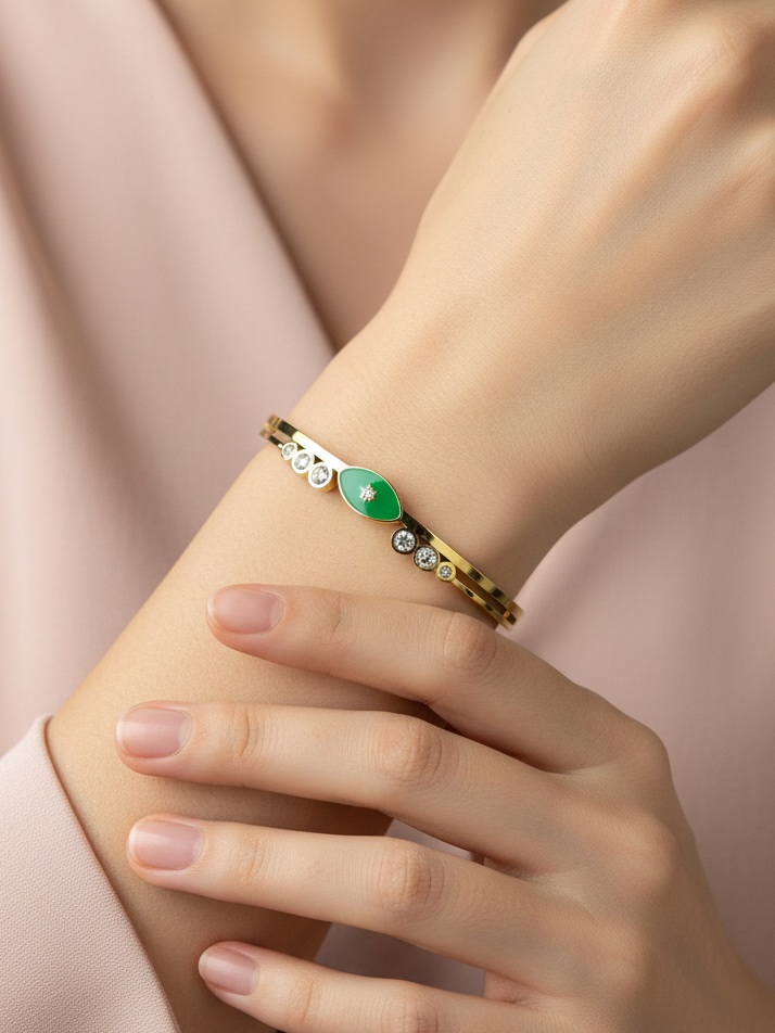 WELVARA Gold Plated Green Stone Cuff Bracelet for Women | Adjustable Alloy Fashion Bracelet