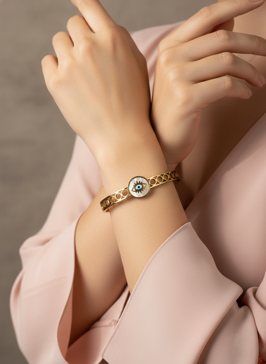 WELVARA Gold Tone Evil Eye Adjustable Cuff Bracelet for Women | Fashion Jewellery