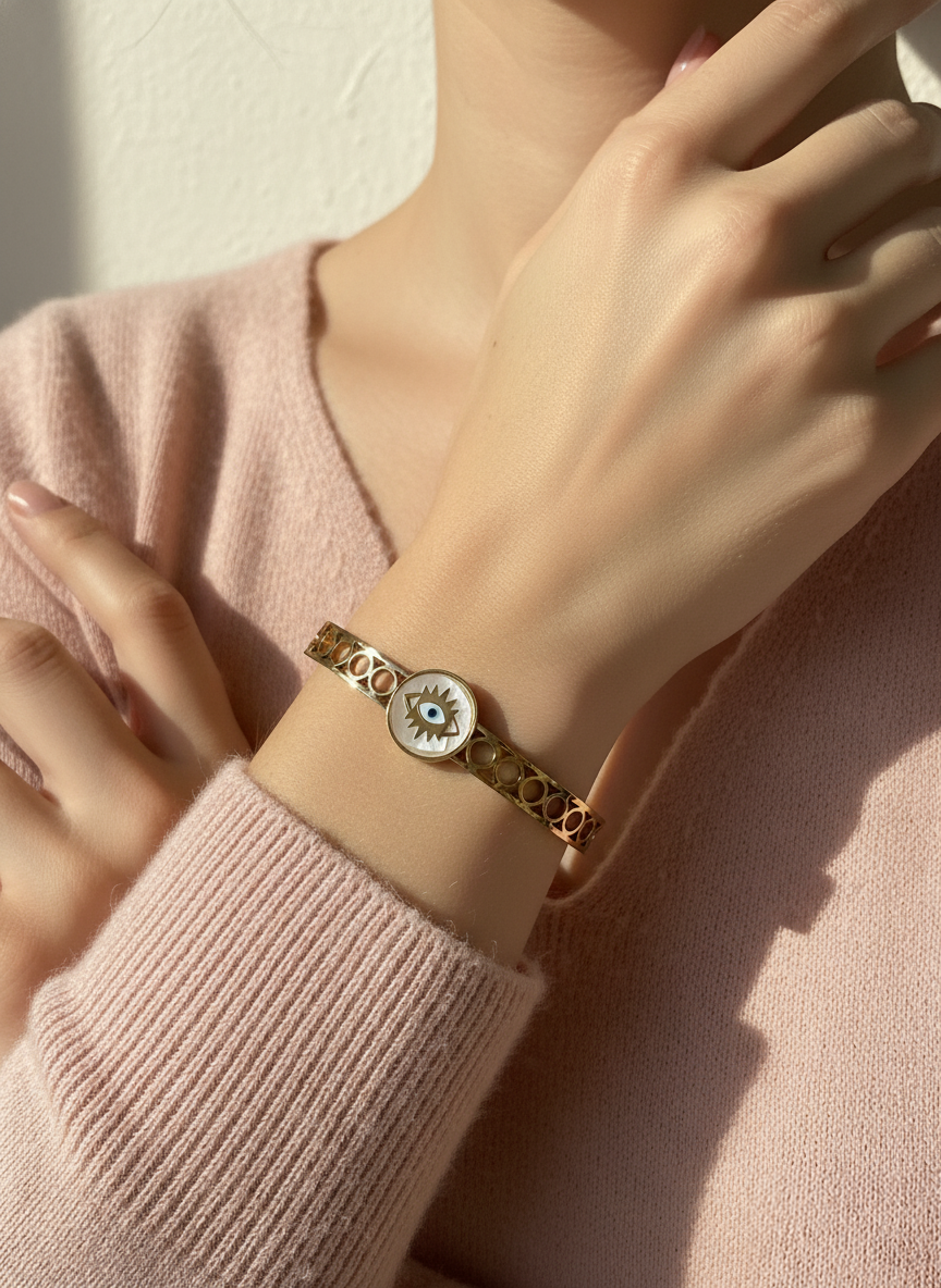 WELVARA Gold Tone Evil Eye Adjustable Cuff Bracelet for Women | Fashion Jewellery