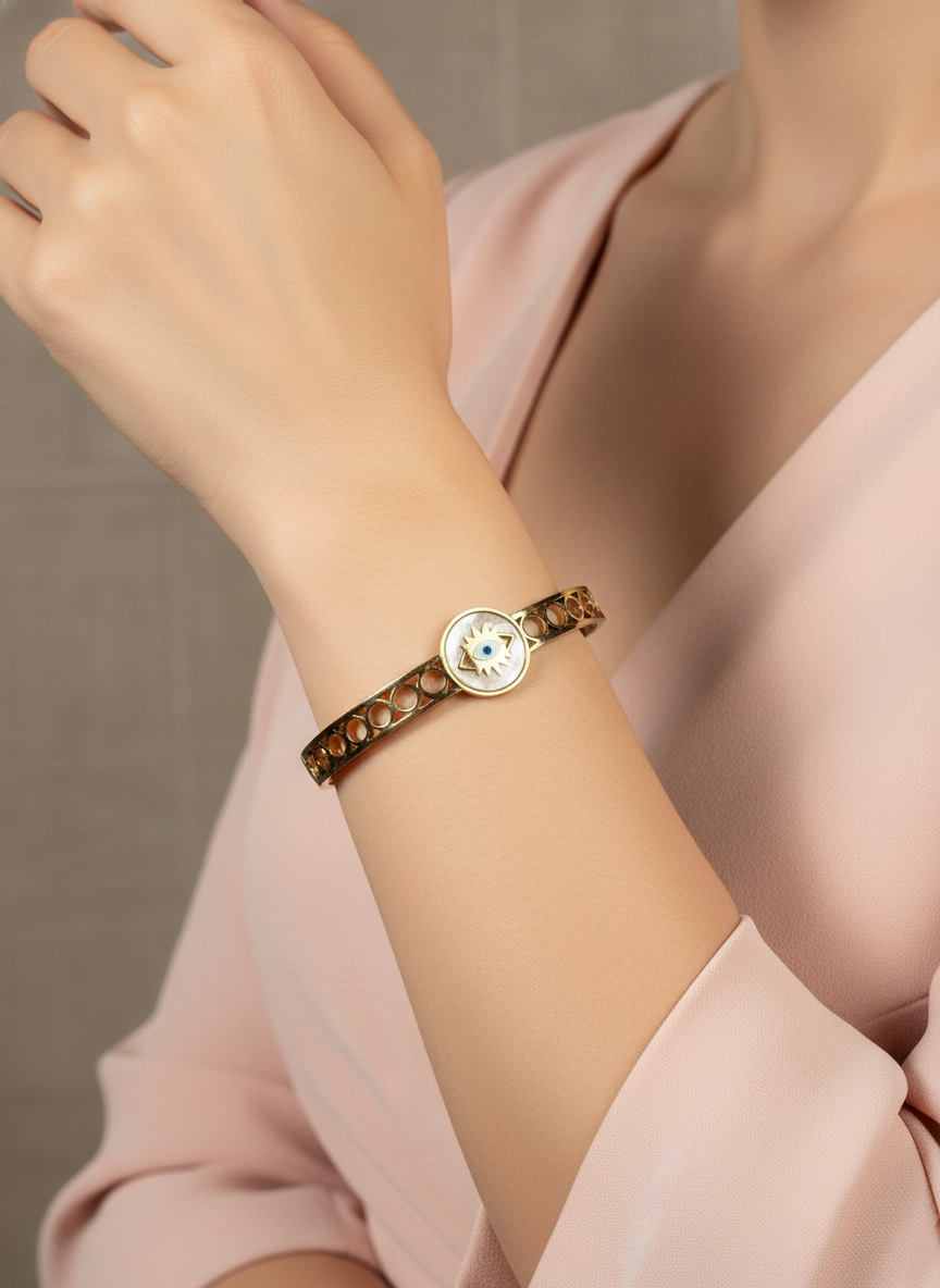 WELVARA Gold Tone Evil Eye Adjustable Cuff Bracelet for Women | Fashion Jewellery