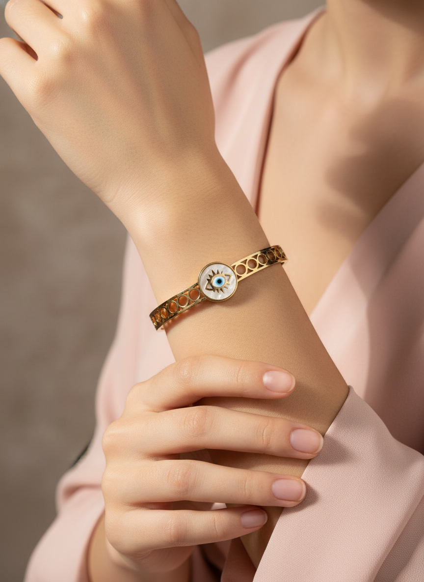 WELVARA Gold Tone Evil Eye Adjustable Cuff Bracelet for Women | Fashion Jewellery