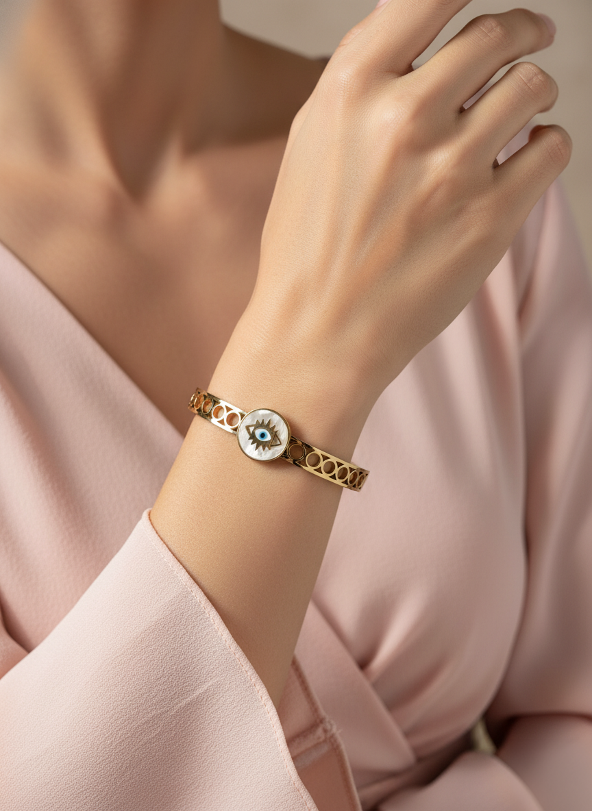 WELVARA Gold Tone Evil Eye Adjustable Cuff Bracelet for Women | Fashion Jewellery