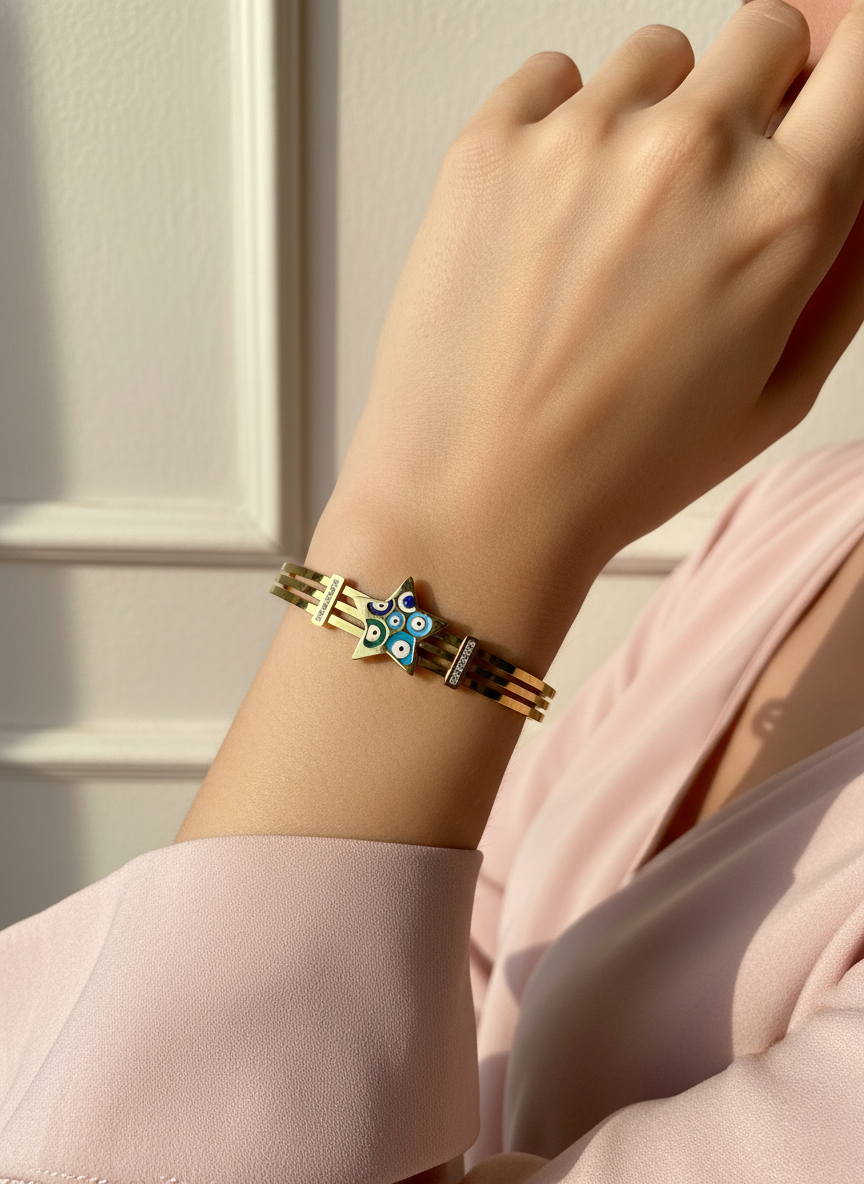 WELVARA Gold Plated Multi Evil Eye Cuff Bracelet for Women | Adjustable Alloy Fashion Bracelet