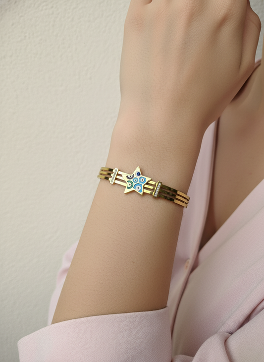 WELVARA Gold Plated Multi Evil Eye Cuff Bracelet for Women | Adjustable Alloy Fashion Bracelet