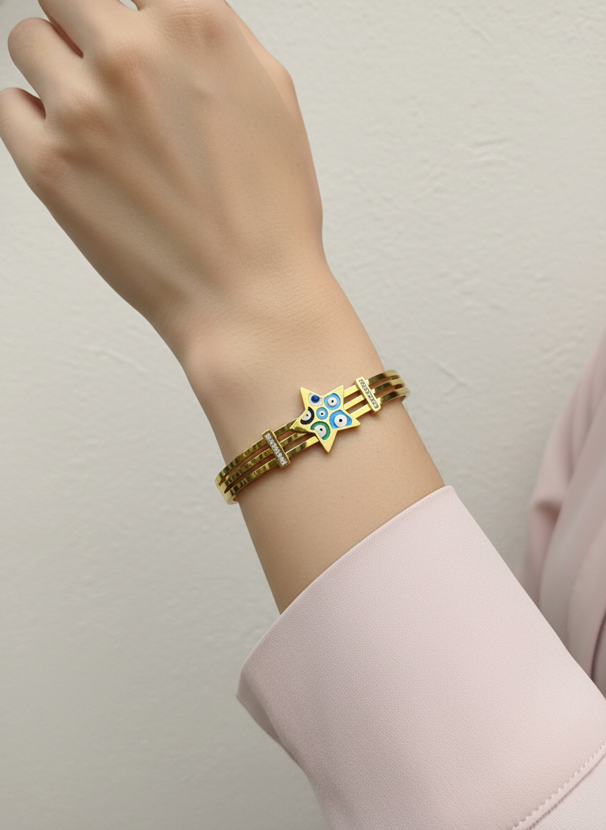 WELVARA Gold Plated Multi Evil Eye Cuff Bracelet for Women | Adjustable Alloy Fashion Bracelet