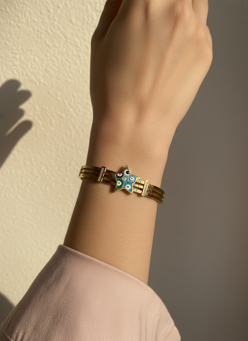 WELVARA Gold Plated Multi Evil Eye Cuff Bracelet for Women | Adjustable Alloy Fashion Bracelet