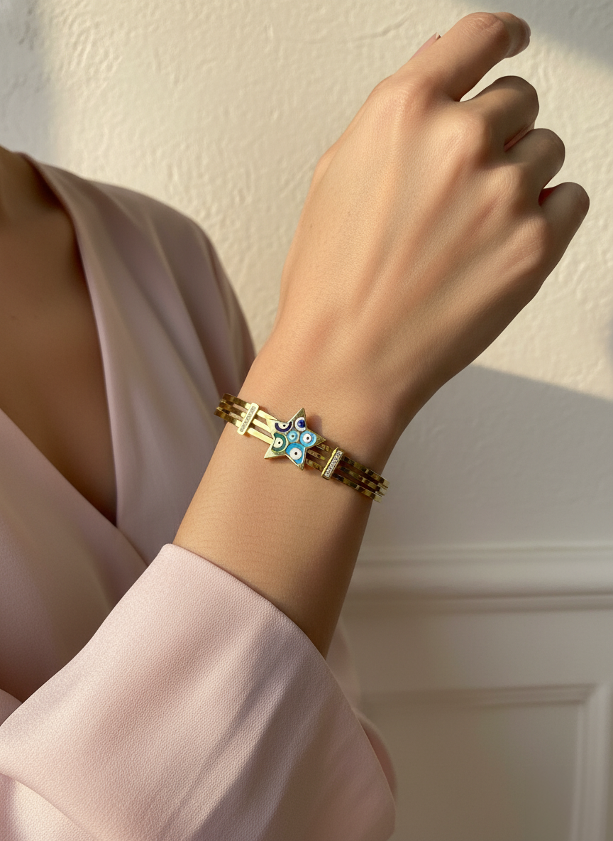 WELVARA Gold Plated Multi Evil Eye Cuff Bracelet for Women | Adjustable Alloy Fashion Bracelet