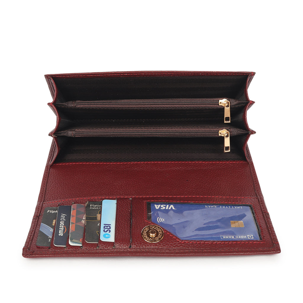 Premium Maroon Leather Long Clutch Wallet