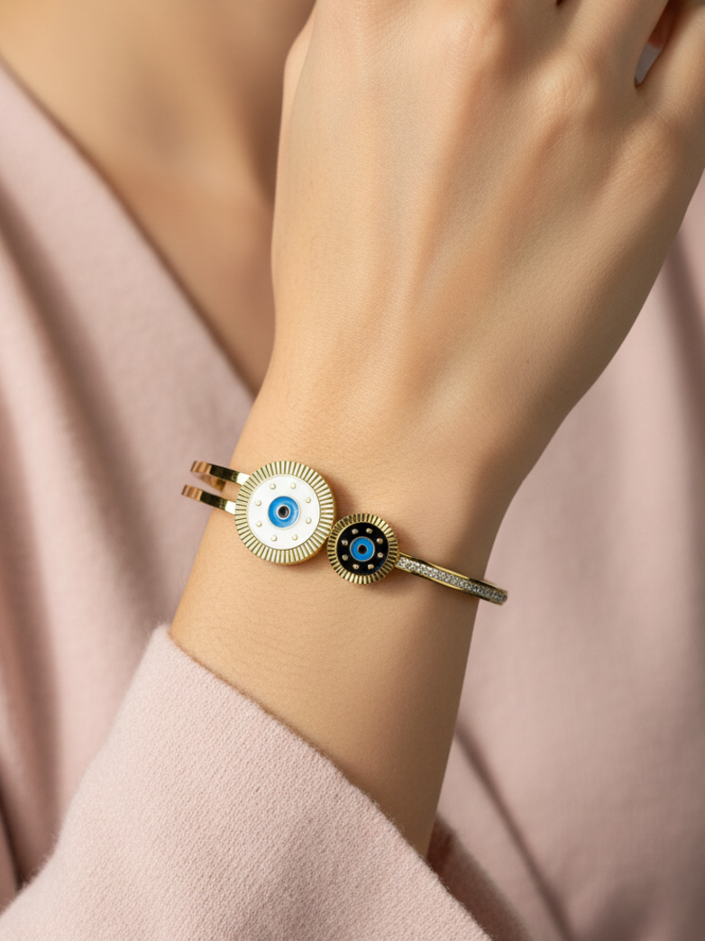 Double Evil Eye Gold Plated Stone-Studded Fashion Bracelet for Women & Girls