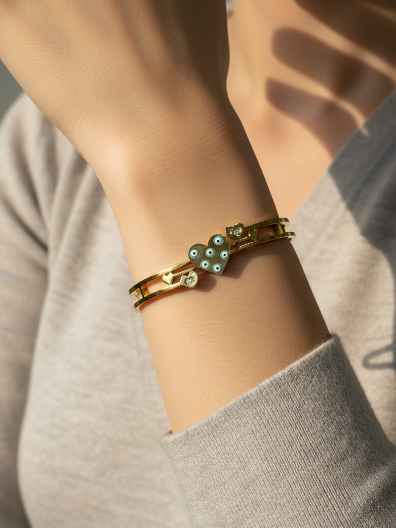 Green Heart Evil Eye Gold Plated Stone-Studded Fashion Bracelet for Women & Girls