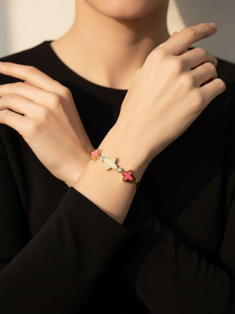 Pink Clover Motif Gold Plated Fashion Bracelet for Women & Girls