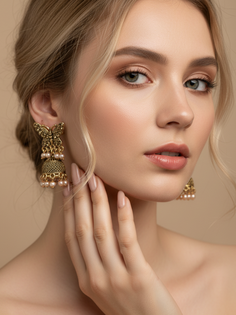 Butterfly Design Antique Gold Jhumka Earrings