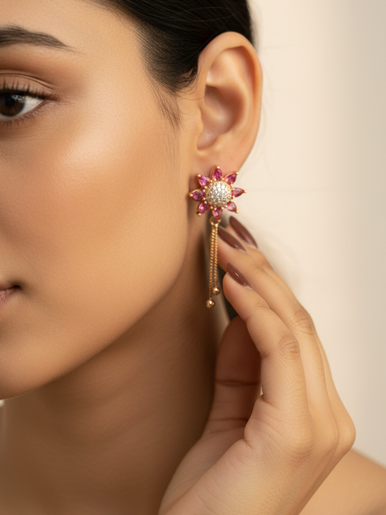 Gold-Plated Pink Floral Drop Earrings