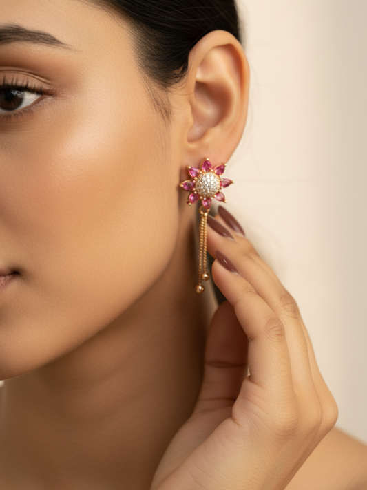Gold-Plated Pink Floral Drop Earrings
