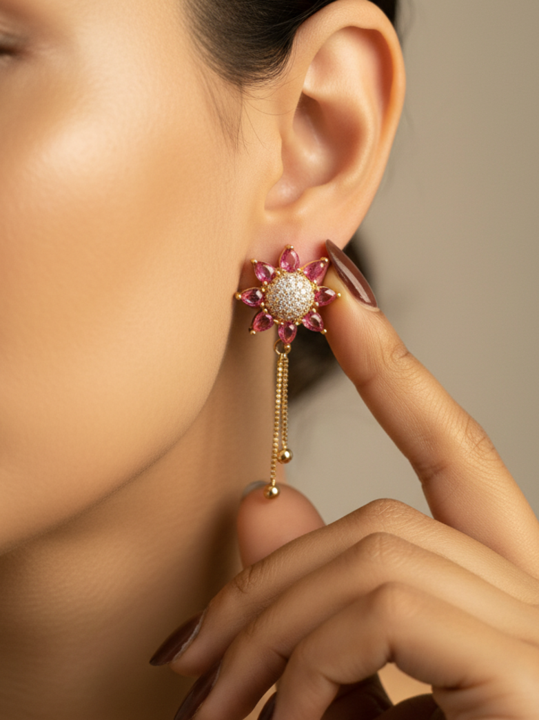 Gold-Plated Pink Floral Drop Earrings