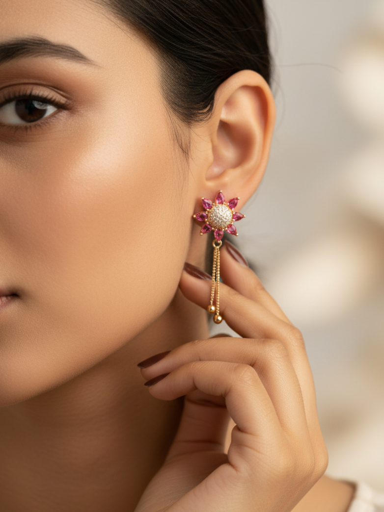 Gold-Plated Pink Floral Drop Earrings