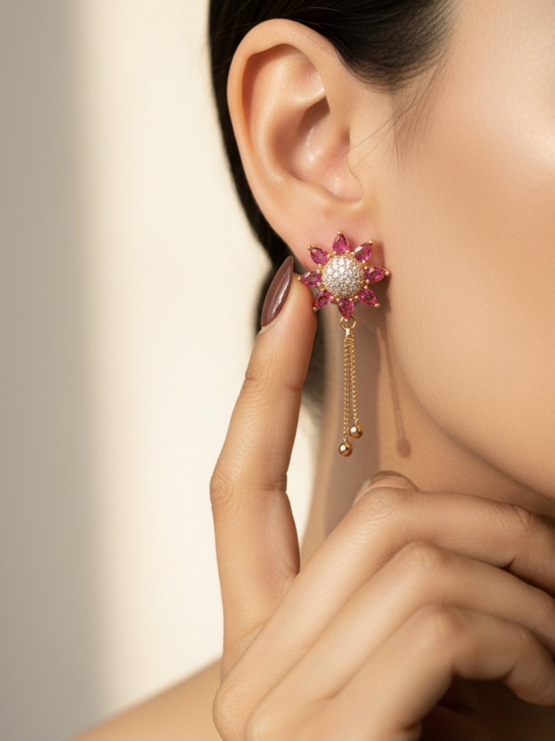 Gold-Plated Pink Floral Drop Earrings