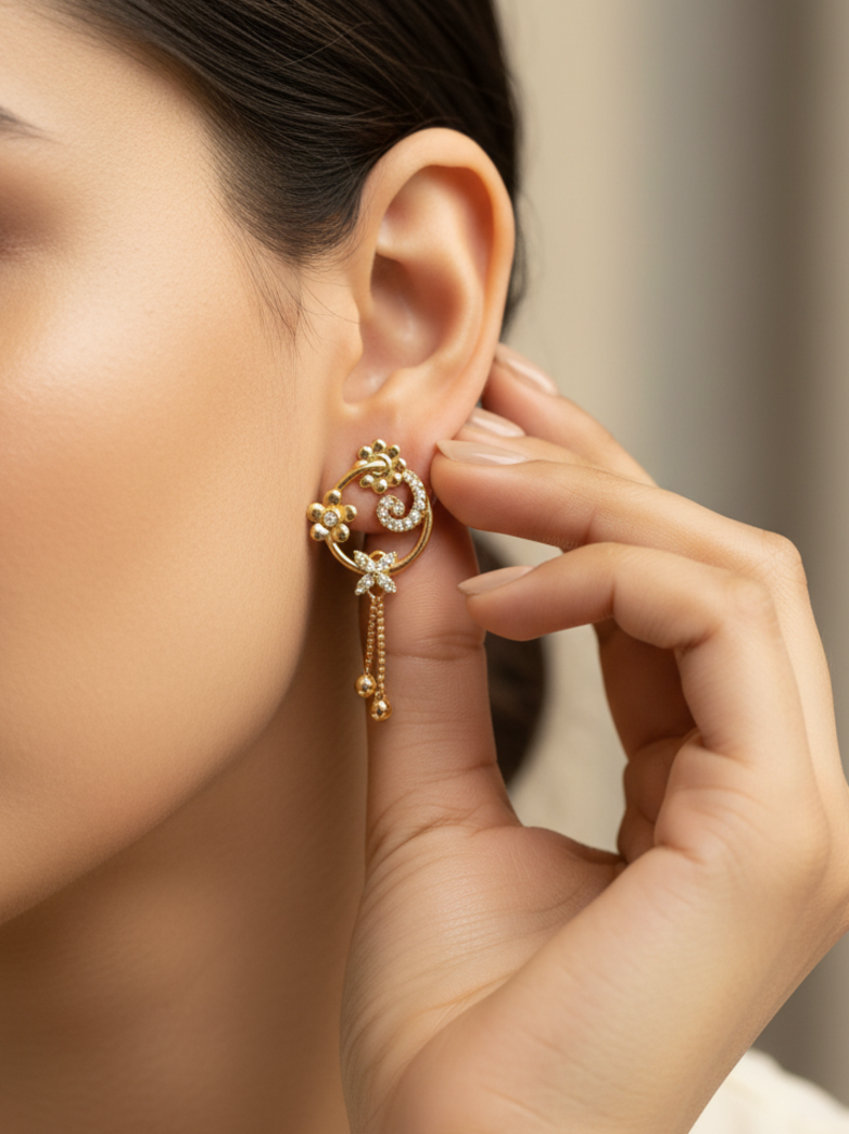 Gold-Plated Floral CZ Hoop Drop Earrings