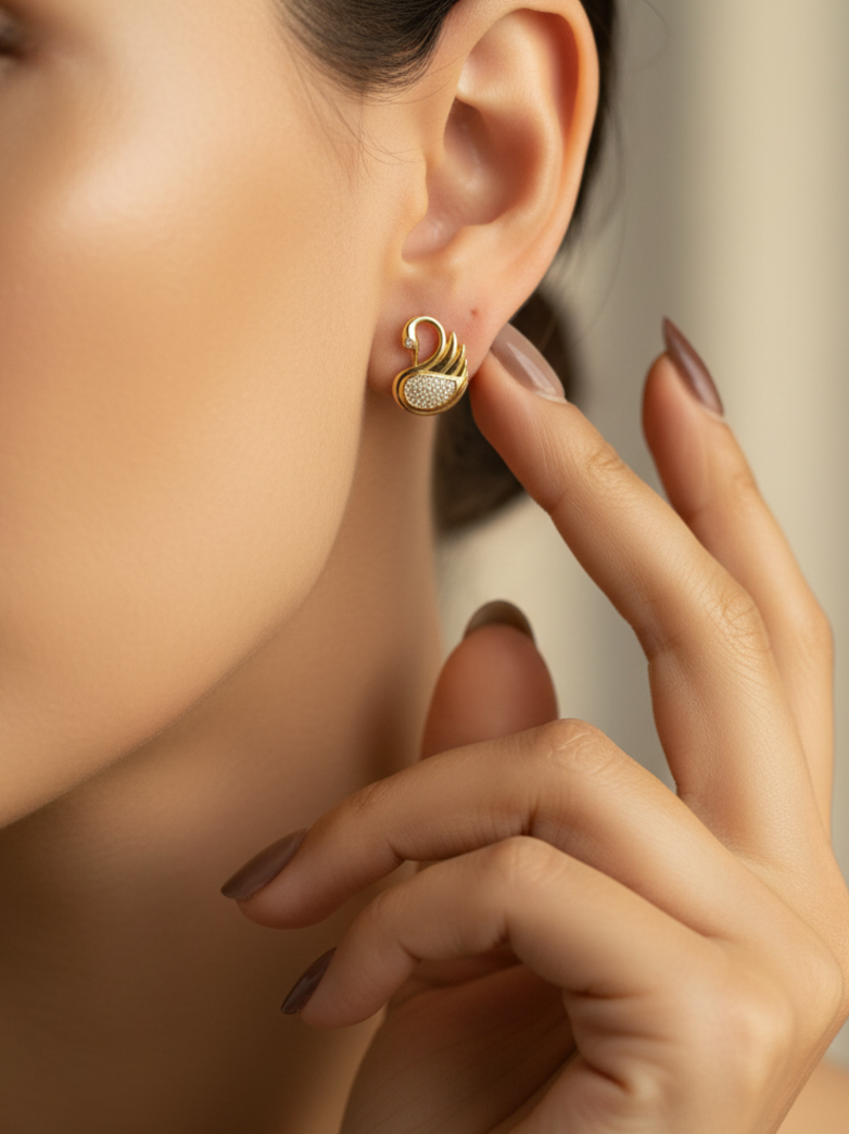 Gold-Plated CZ Swan Stud Earrings